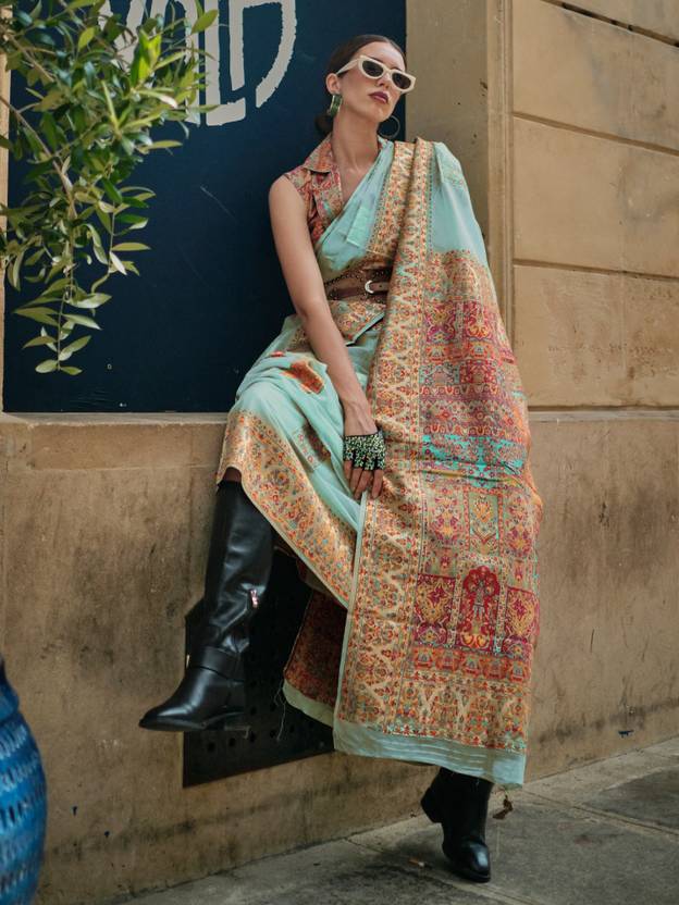 Sky Blue Elegant Banarasi Silk Blend Woven Saree with Unstitched Blouse Piece ClothsVilla