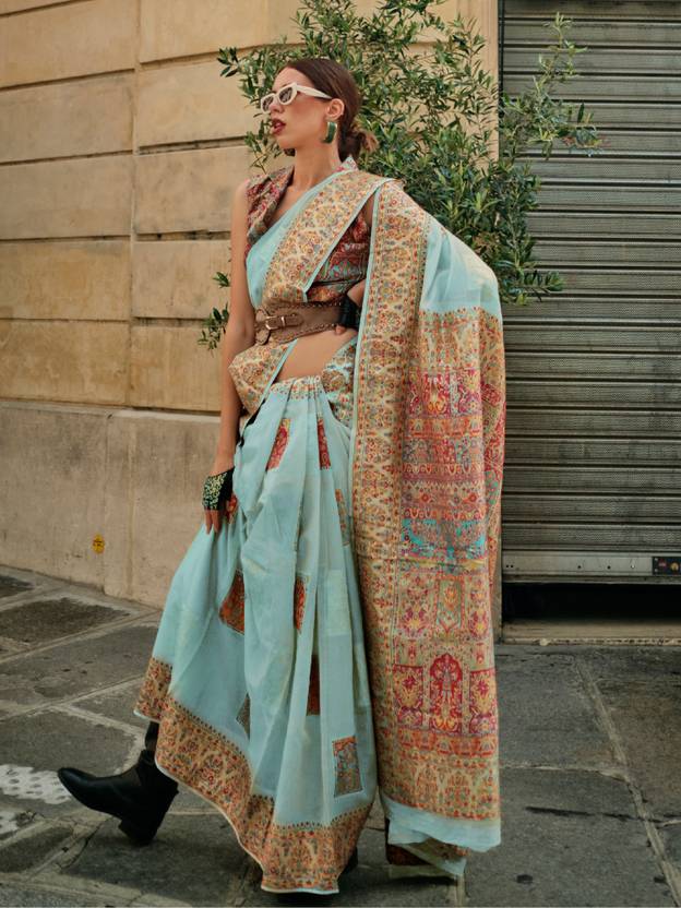Sky Blue Elegant Banarasi Silk Blend Woven Saree with Unstitched Blouse Piece ClothsVilla