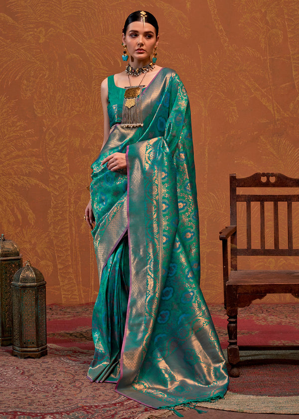 Sky Blue Elegant Blended Silk Banarasi Saree with Blouse Piece – Timeless Traditional Charm ClothsVilla