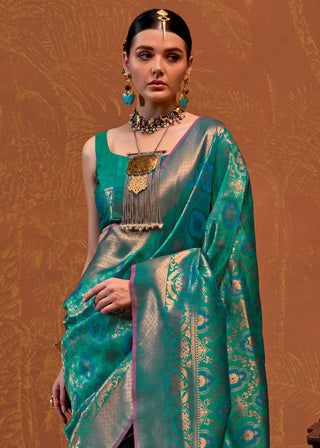 Sky Blue Elegant Blended Silk Banarasi Saree with Blouse Piece – Timeless Traditional Charm ClothsVilla