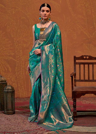 Sky Blue Elegant Blended Silk Banarasi Saree with Blouse Piece – Timeless Traditional Charm ClothsVilla