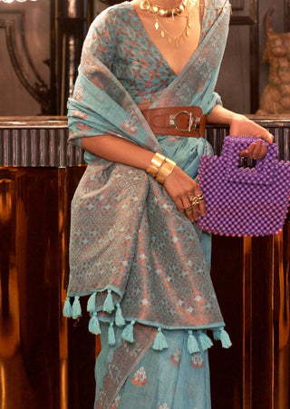 Sky Blue Elegant Bollywood Cotton Silk Saree with Tassel Detailing ClothsVilla