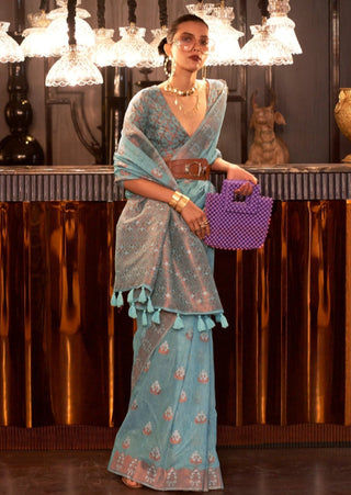 Sky Blue Elegant Bollywood Cotton Silk Saree with Tassel Detailing ClothsVilla