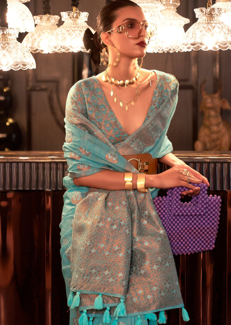 Sky Blue Elegant Bollywood Cotton Silk Saree with Tassel Detailing Secondary image