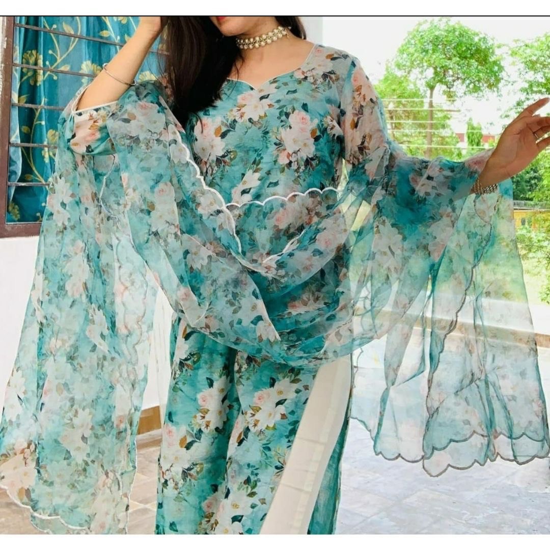 Sky Blue Elegant Chanderi Cotton Kurta Suit Set with Floral Organza Dupatta & Rayon Pants