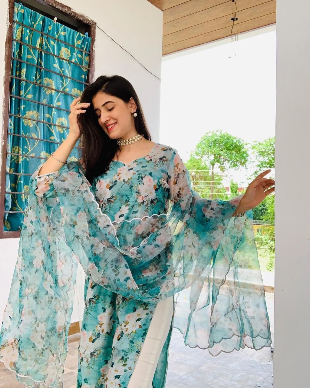 Sky Blue Elegant Chanderi Cotton Kurta Suit Set with Floral Organza Dupatta & Rayon Pants