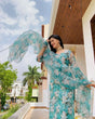 Load image into Gallery viewer, Sky Blue Elegant Chanderi Cotton Kurta Suit Set with Floral Organza Dupatta &amp; Rayon Pants