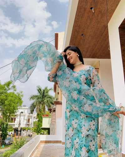 Sky Blue Elegant Chanderi Cotton Kurta Suit Set with Floral Organza Dupatta & Rayon Pants