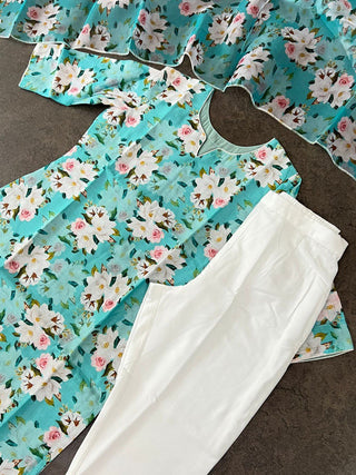 Sky Blue Elegant Chanderi Cotton Kurta Suit Set with Floral Organza Dupatta & Rayon Pants