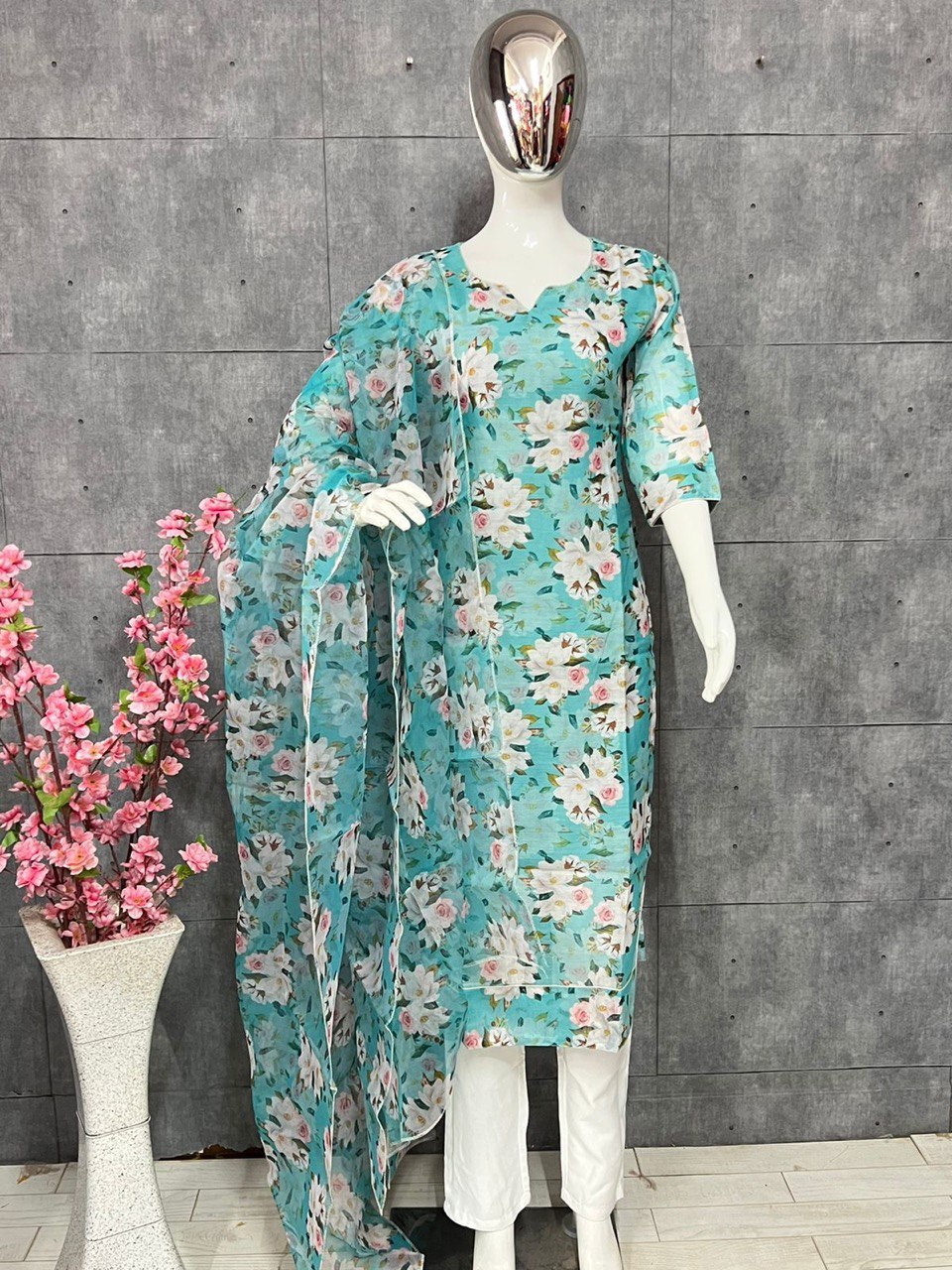 Sky Blue Elegant Chanderi Cotton Kurta Suit Set with Floral Organza Dupatta & Rayon Pants