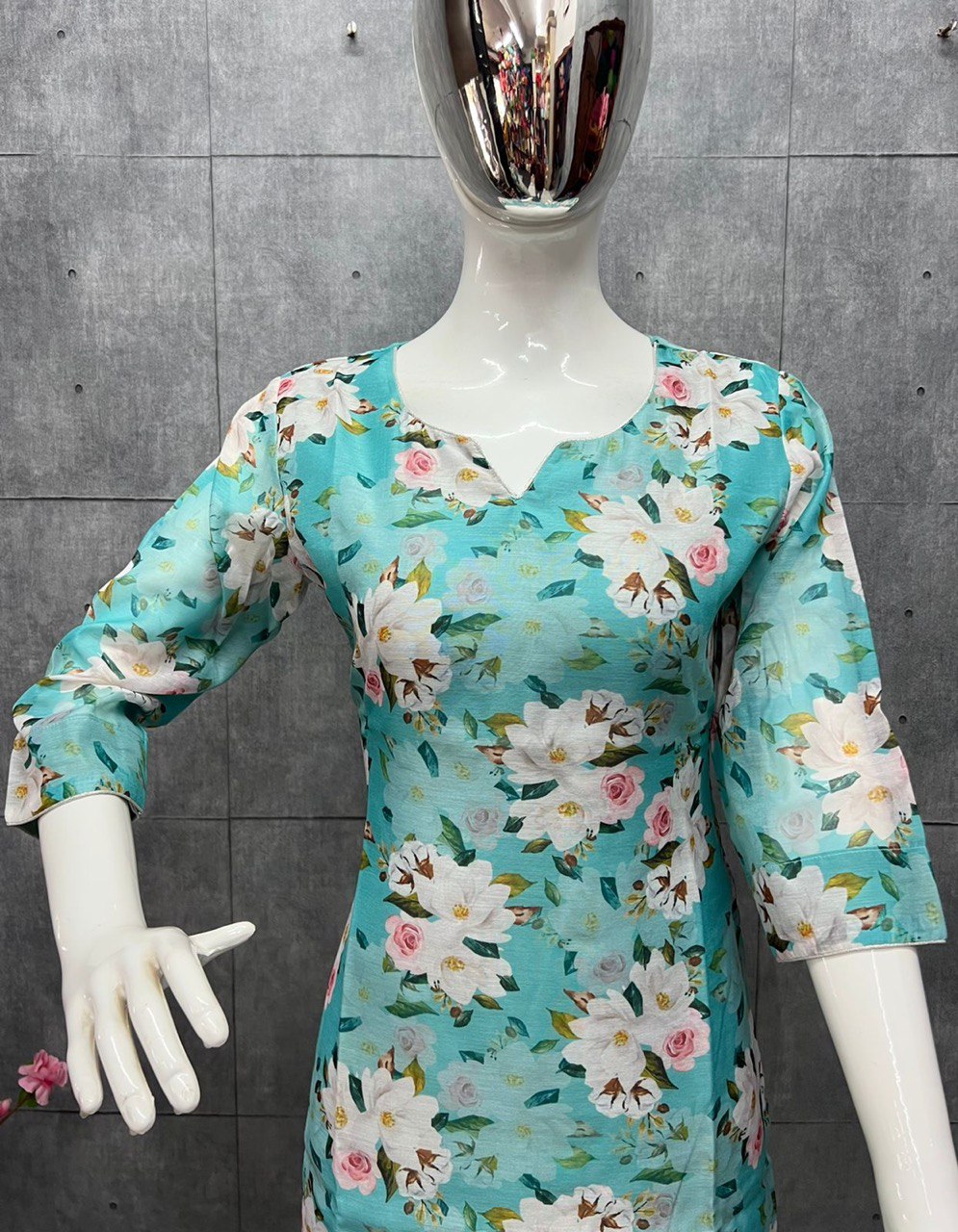 Sky Blue Elegant Chanderi Cotton Kurta Suit Set with Floral Organza Dupatta & Rayon Pants
