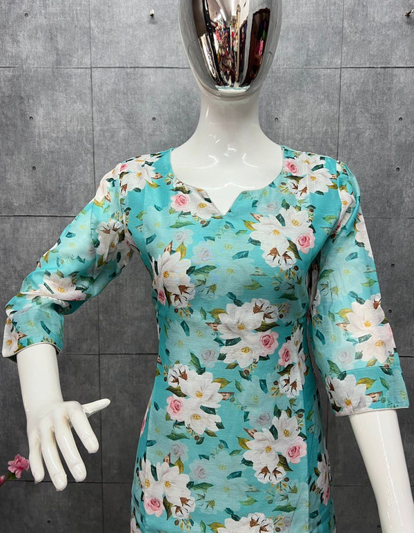 Sky Blue Elegant Chanderi Cotton Kurta Suit Set with Floral Organza Dupatta & Rayon Pants