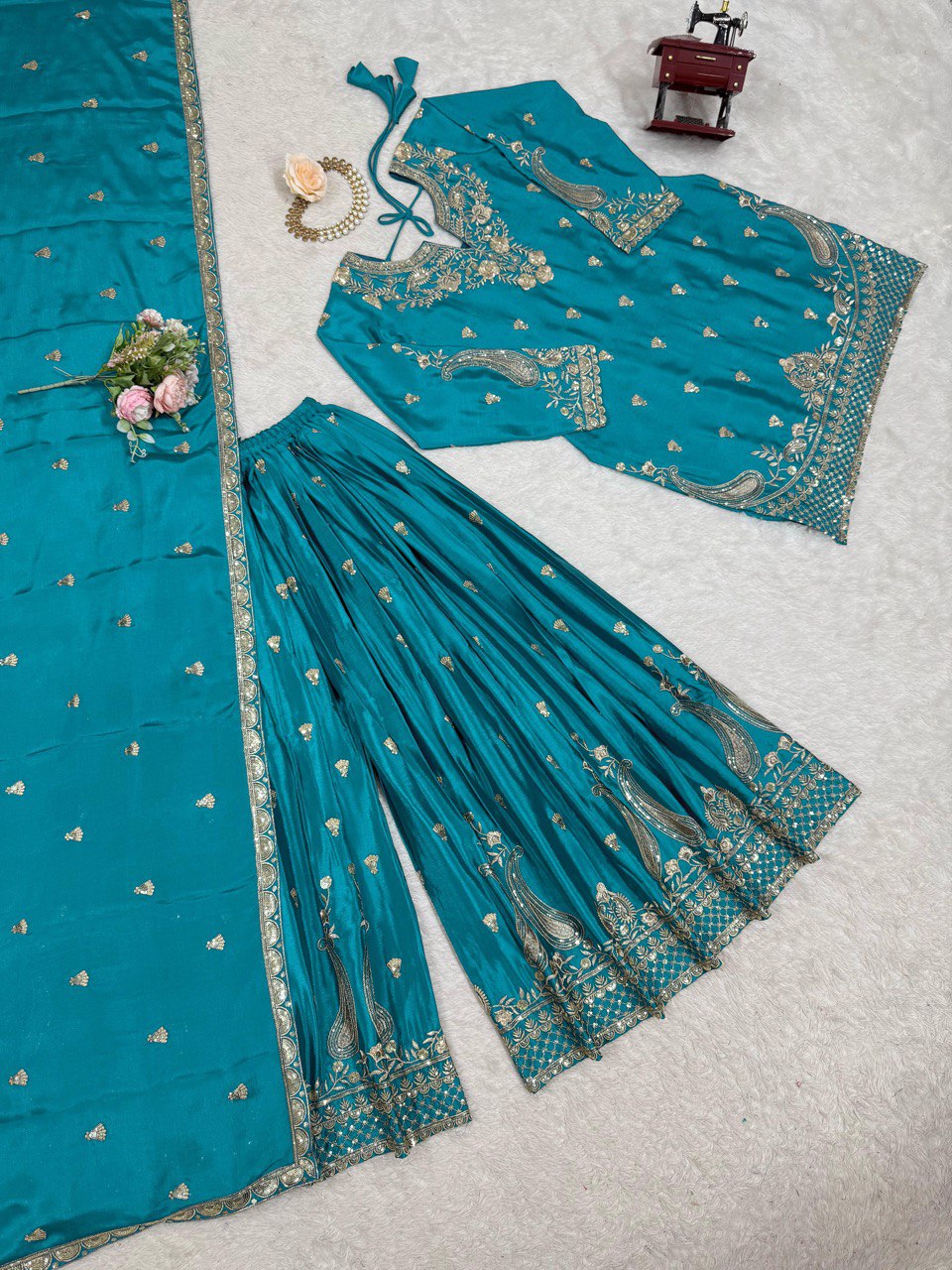 Sky Blue Elegant Chinon Silk 3-Piece Suit Set with Sequin Embroidery & Lace Border Dupatta ClothsVilla