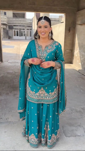 Sky Blue Elegant Chinon Silk 3-Piece Suit Set with Sequin Embroidery & Lace Border Dupatta ClothsVilla