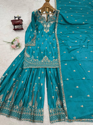 Sky Blue Elegant Chinon Silk 3-Piece Suit Set with Sequin Embroidery & Lace Border Dupatta ClothsVilla