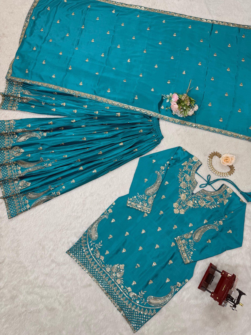 Sky Blue Elegant Chinon Silk 3-Piece Suit Set with Sequin Embroidery & Lace Border Dupatta ClothsVilla