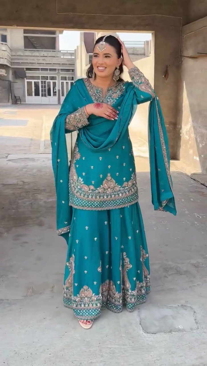 Sky Blue Elegant Chinon Silk 3-Piece Suit Set with Sequin Embroidery & Lace Border Dupatta ClothsVilla