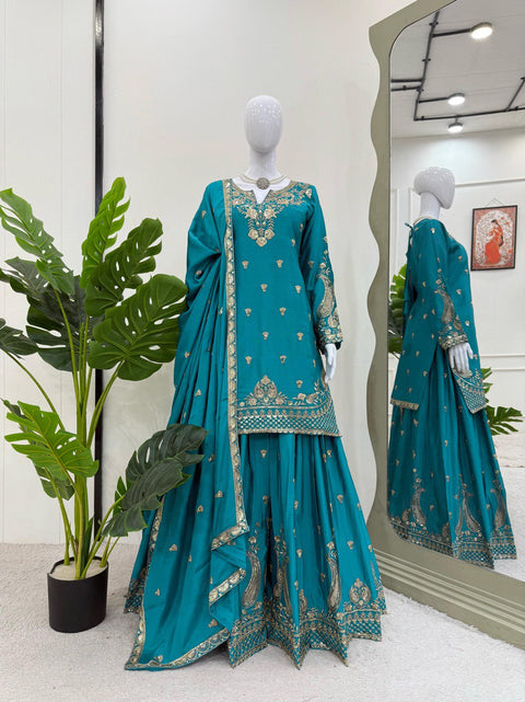 Sky Blue Elegant Chinon Silk 3-Piece Suit Set with Sequin Embroidery & Lace Border Dupatta ClothsVilla Main image