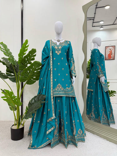 Sky Blue Elegant Chinon Silk 3-Piece Suit Set with Sequin Embroidery & Lace Border Dupatta ClothsVilla