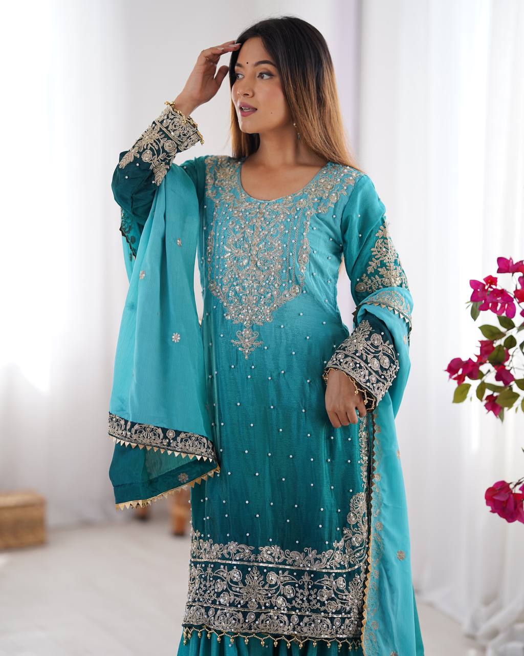 Sky Blue Elegant Chinon Silk Ensemble – Top, Plazo & Dupatta ClothsVilla