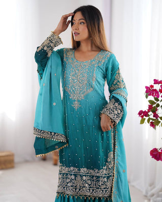 Sky Blue Elegant Chinon Silk Ensemble – Top, Plazo & Dupatta ClothsVilla