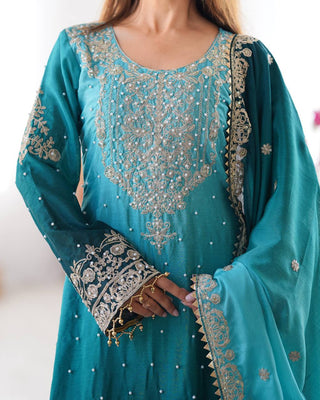 Sky Blue Elegant Chinon Silk Ensemble – Top, Plazo & Dupatta ClothsVilla