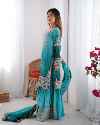 Sky Blue Elegant Chinon Silk Ensemble – Top, Plazo & Dupatta ClothsVilla
