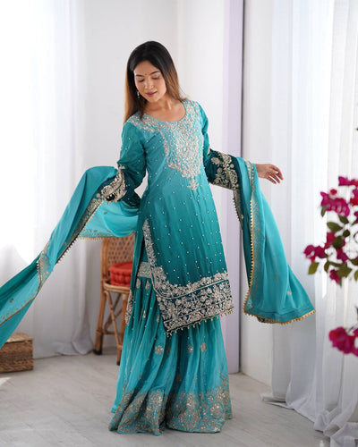 Sky Blue Elegant Chinon Silk Ensemble – Top, Plazo & Dupatta ClothsVilla