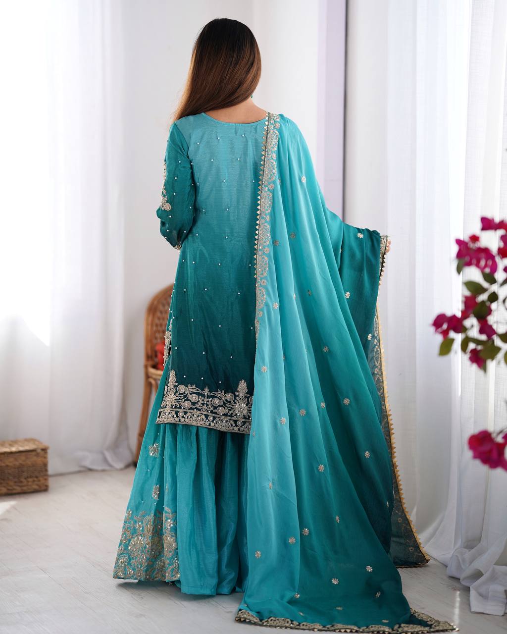 Sky Blue Elegant Chinon Silk Ensemble – Top, Plazo & Dupatta ClothsVilla