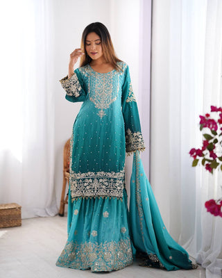 Sky Blue Elegant Chinon Silk Ensemble – Top, Plazo & Dupatta ClothsVilla