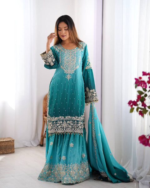 Sky Blue Elegant Chinon Silk Ensemble – Top, Plazo & Dupatta ClothsVilla Main image
