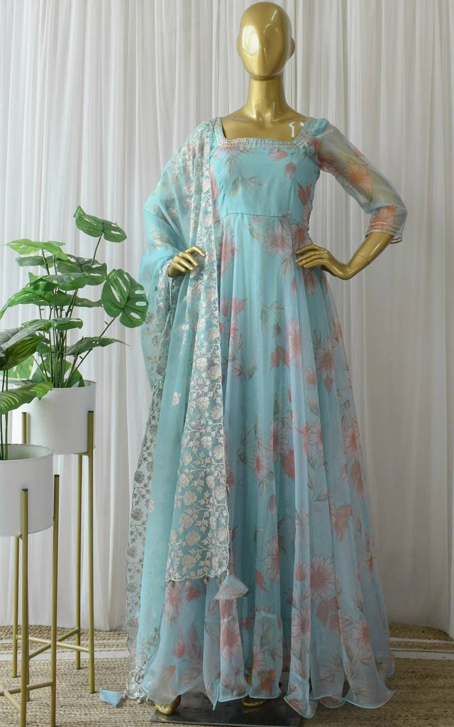 Sky Blue Elegant Designer Party Wear Fancy Gown & Dupatta Set with Digital Print Clothsvilla