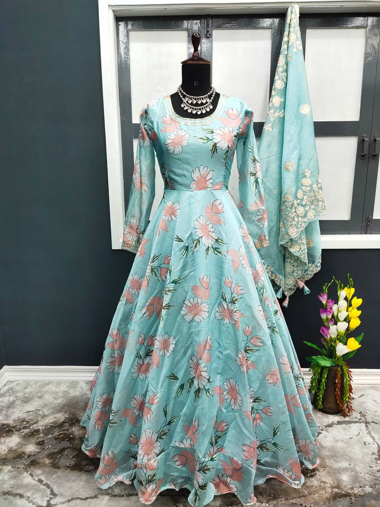 Sky Blue Elegant Designer Party Wear Fancy Gown & Dupatta Set with Digital Print Clothsvilla