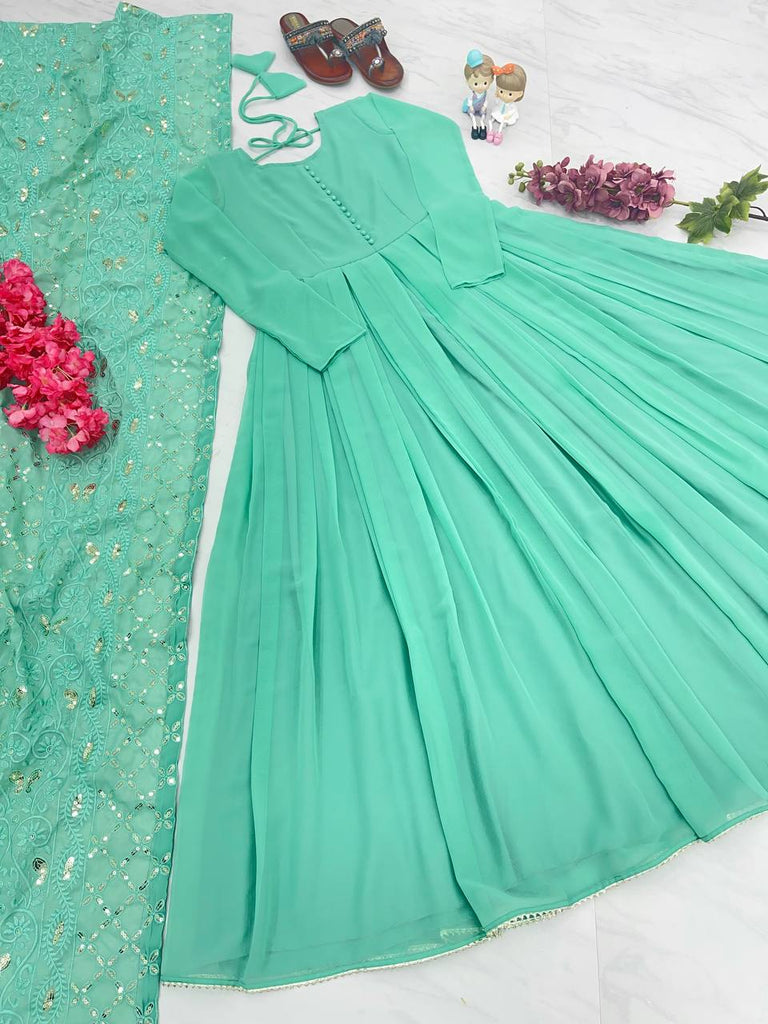 Sky Blue Elegant Designer Party Wear Gown & Dupatta Set Sky Blue Elegant Designer Party Wear Gown & Dupatta Set