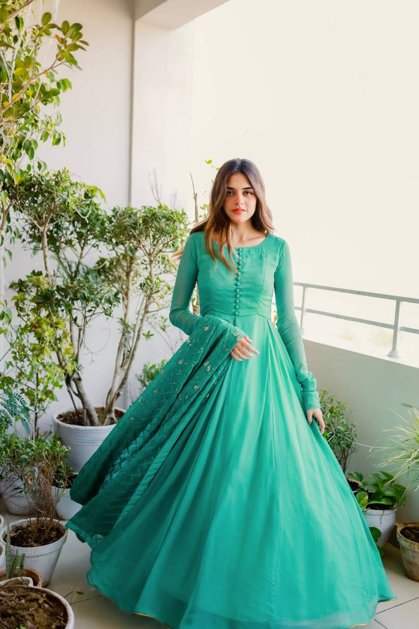 Sky Blue Elegant Designer Party Wear Gown & Dupatta Set Clothsvilla