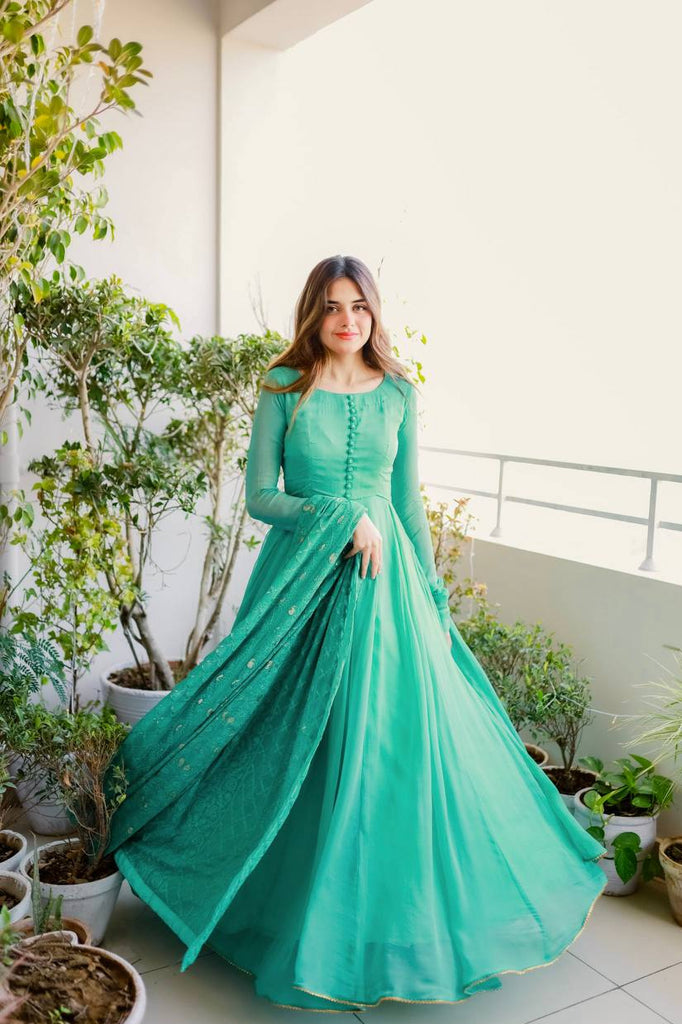 Sky Blue Elegant Designer Party Wear Gown & Dupatta Set Clothsvilla