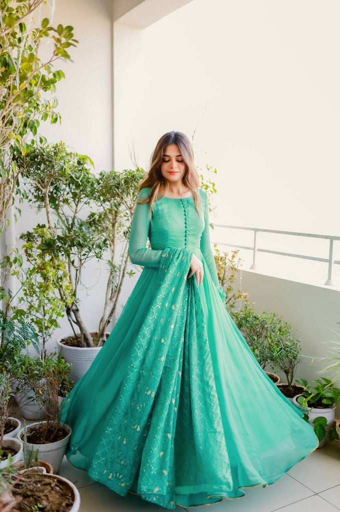 Sky Blue Elegant Designer Party Wear Gown & Dupatta Set Sky Blue Elegant Designer Party Wear Gown & Dupatta Set