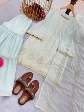 Load image into Gallery viewer, Sky Blue Elegant Designer Party Wear Top, Palazzo &amp; Dupatta Set Clothsvilla