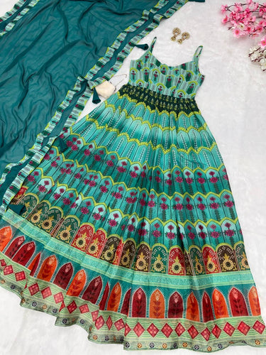 Sky Blue Elegant Digital Printed Organza Anarkali Gown with Georgette Dupatta Clothsvilla