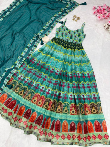 Sky Blue Elegant Digital Printed Organza Anarkali Gown with Georgette Dupatta Clothsvilla