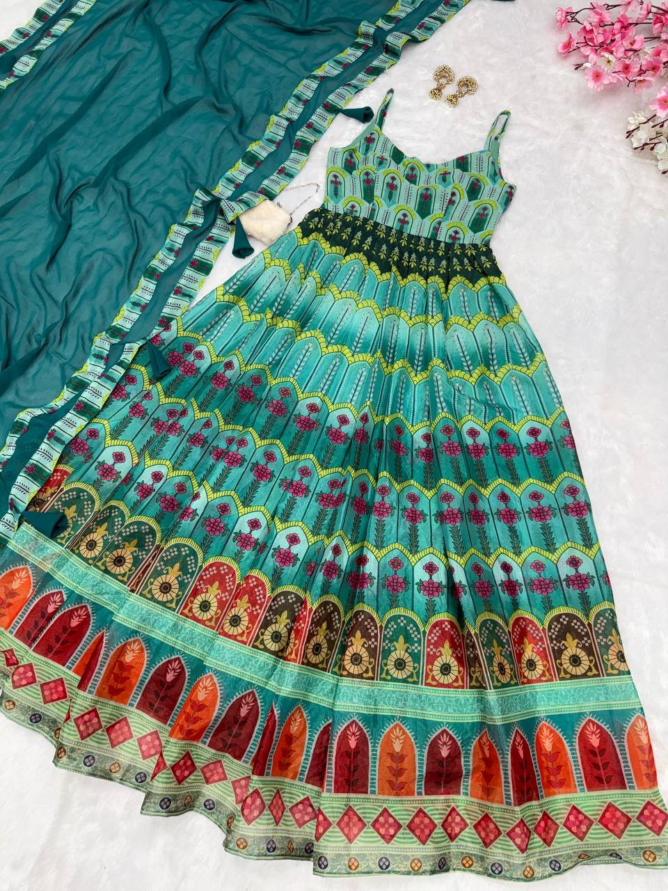Sky Blue Elegant Digital Printed Organza Anarkali Gown with Georgette Dupatta Clothsvilla