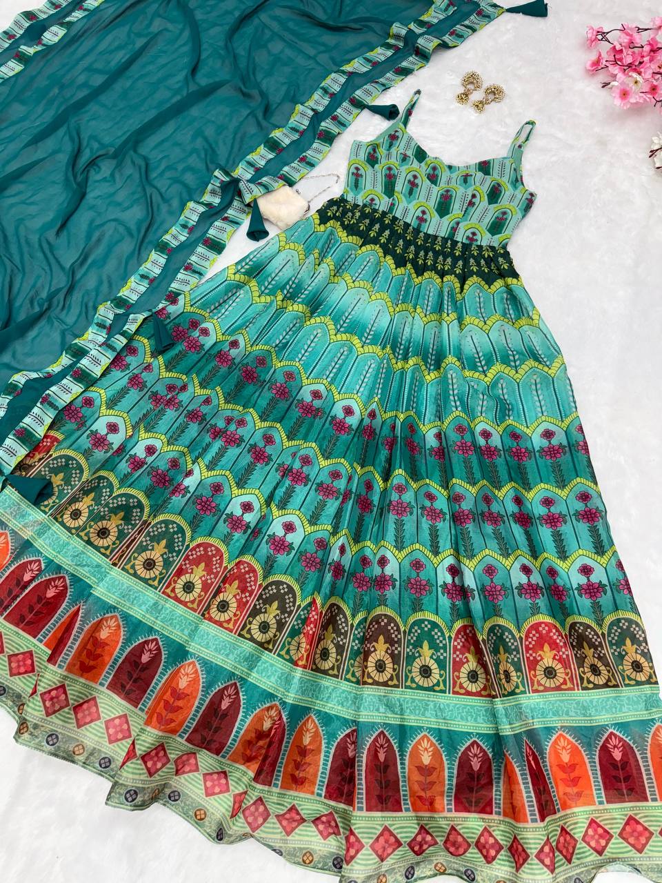 Sky Blue Elegant Digital Printed Organza Anarkali Gown with Georgette Dupatta Clothsvilla