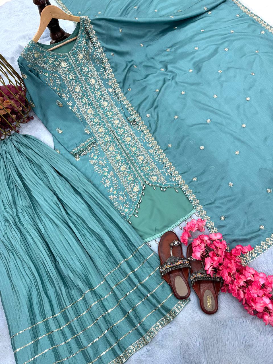 Sky Blue Elegant Embroidered Chinon Silk Sharara Suit Set ClothsVilla