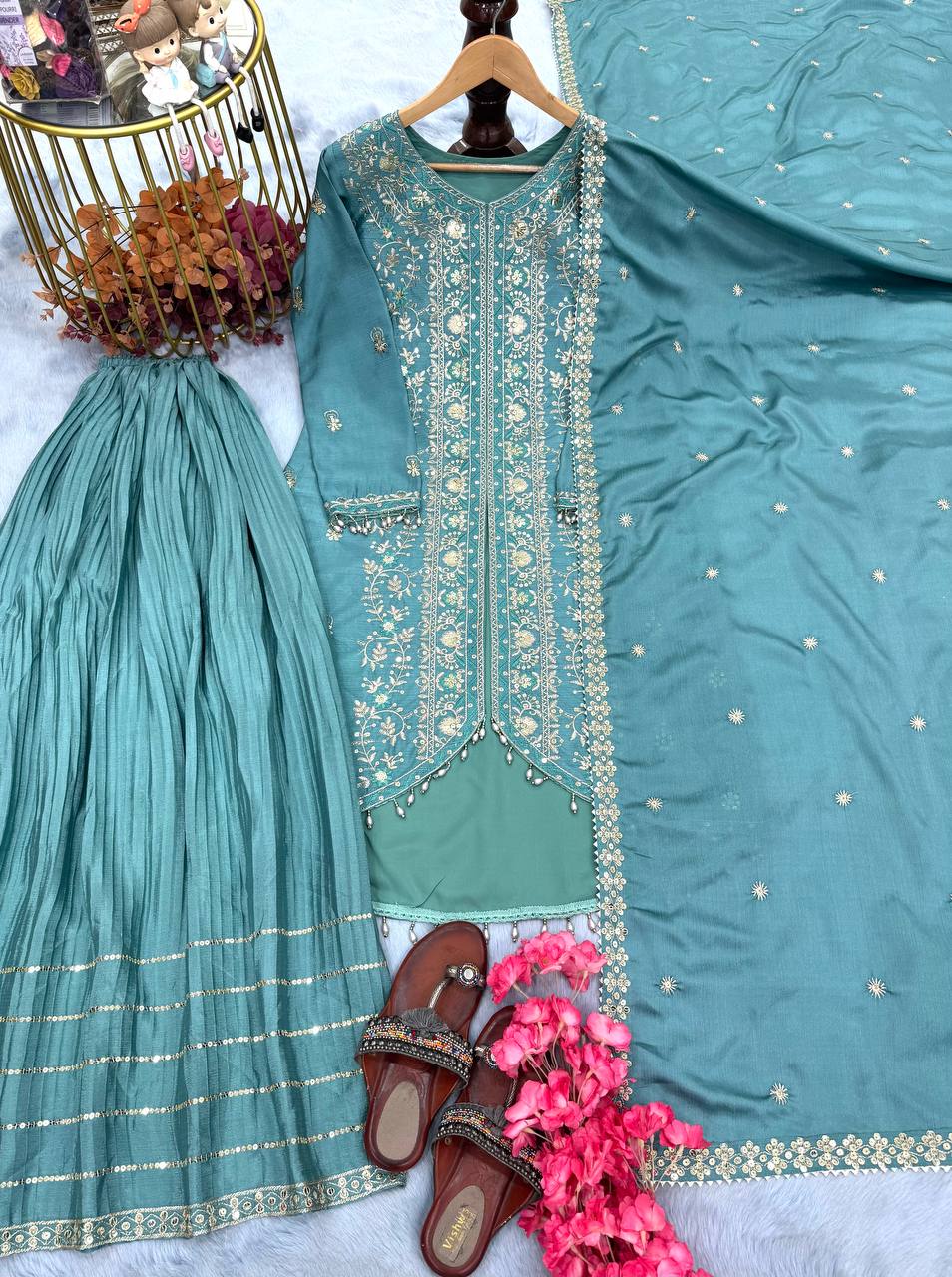 Sky Blue Elegant Embroidered Chinon Silk Sharara Suit Set ClothsVilla Main image