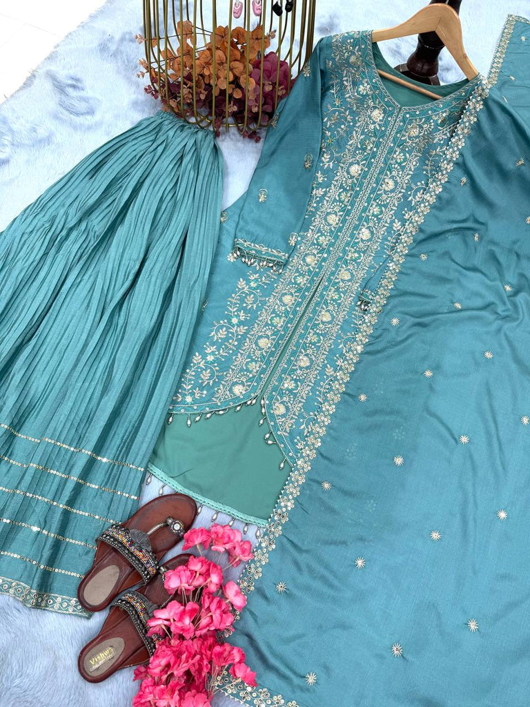 Sky Blue Elegant Embroidered Chinon Silk Sharara Suit Set ClothsVilla