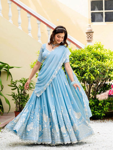 Sky Blue Elegant Faux Georgette Lehenga with Multi-Sequins & Embroidery Work | Semi-Stitched Lehenga with Matching Blouse & Lace Dupatta ClothsVilla