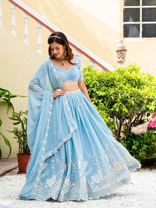 Sky Blue Elegant Faux Georgette Lehenga with Multi-Sequins & Embroidery Work | Semi-Stitched Lehenga with Matching Blouse & Lace Dupatta ClothsVilla