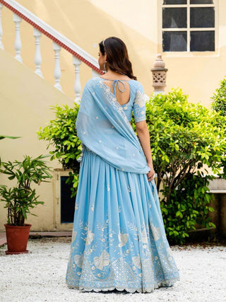 Sky Blue Elegant Faux Georgette Lehenga with Multi-Sequins & Embroidery Work | Semi-Stitched Lehenga with Matching Blouse & Lace Dupatta ClothsVilla