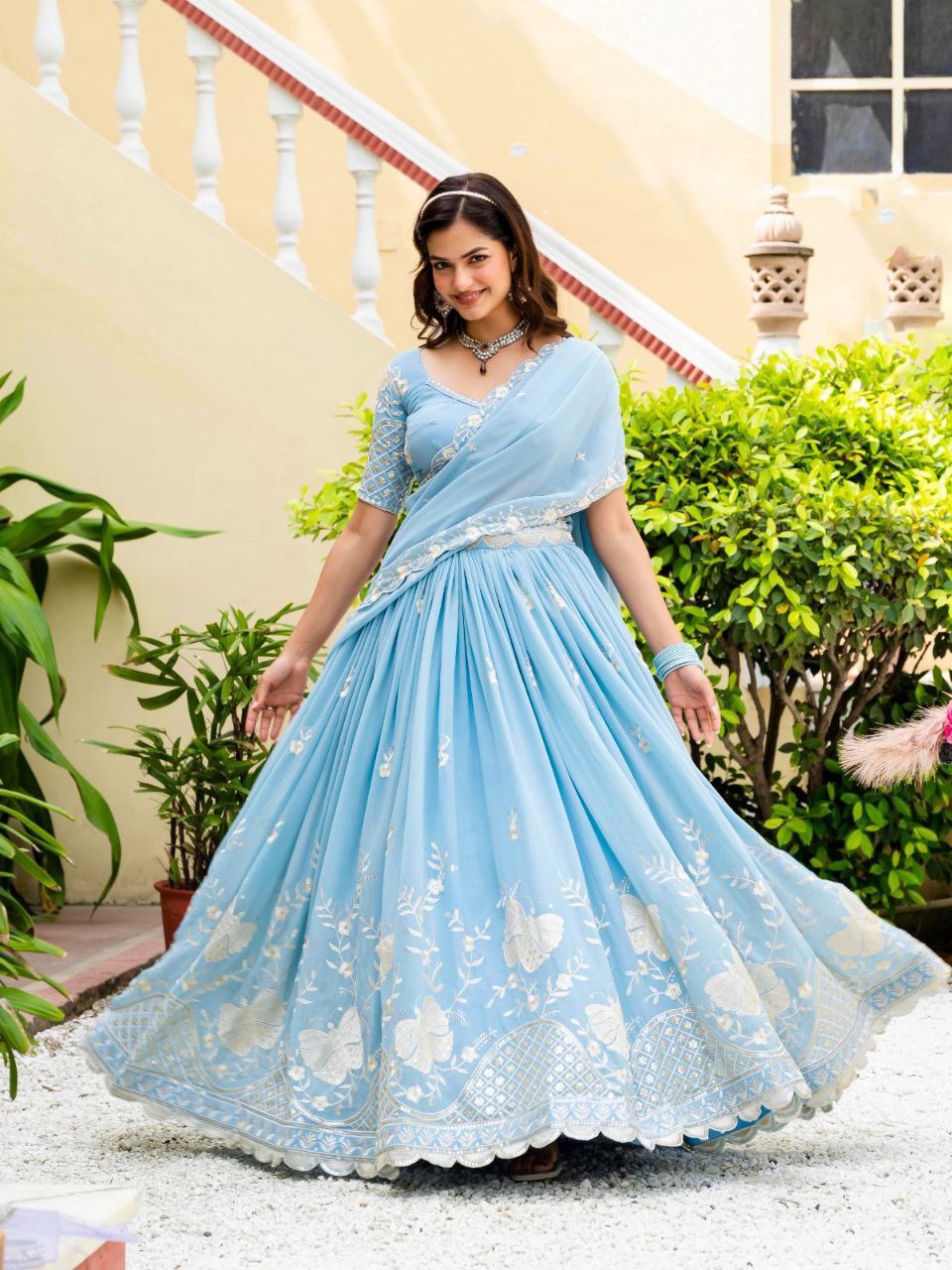 Sky Blue Elegant Faux Georgette Lehenga with Multi-Sequins & Embroidery Work | Semi-Stitched Lehenga with Matching Blouse & Lace Dupatta ClothsVilla