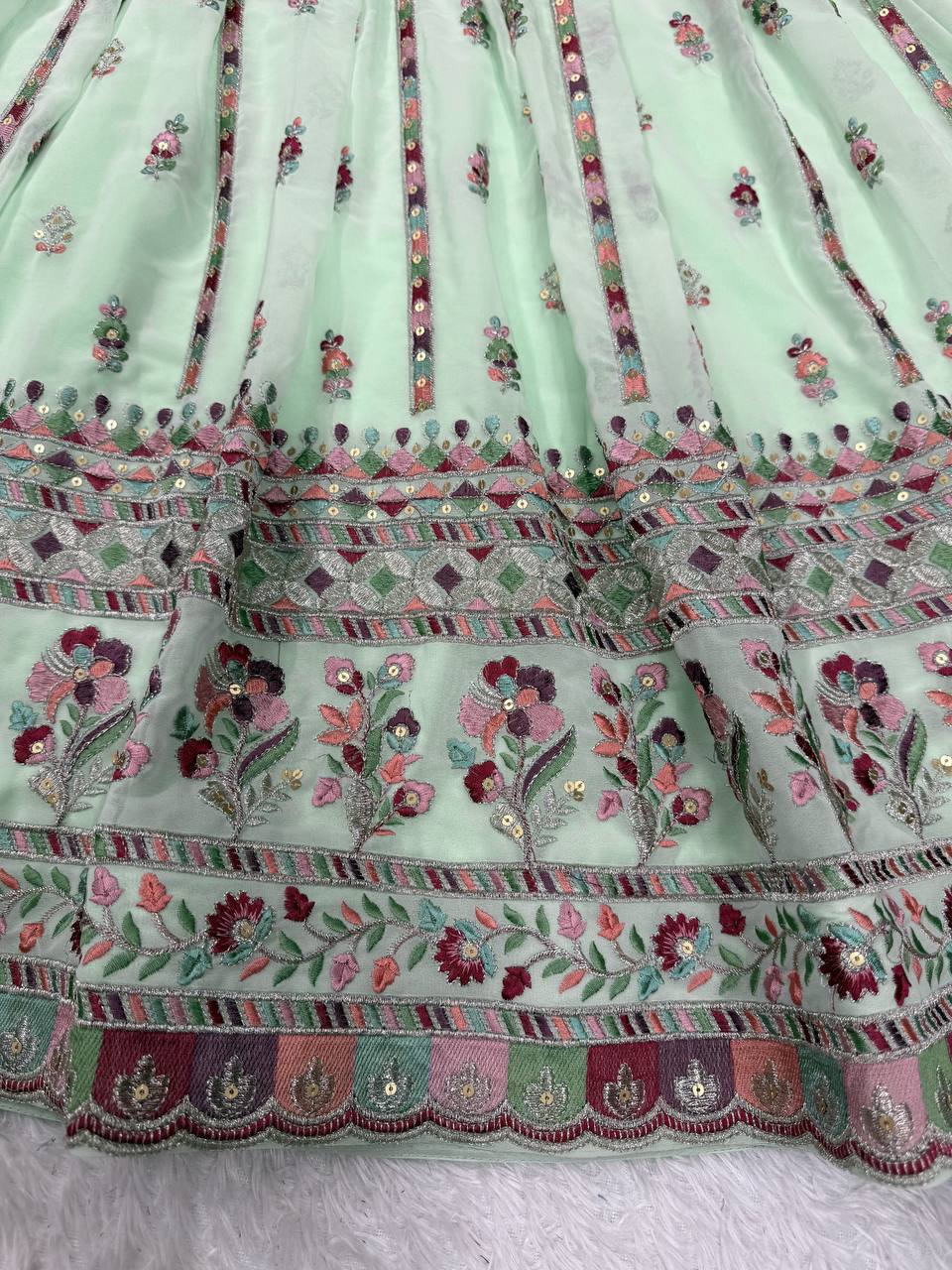 Mint Green Elegant Faux Georgette Thread & Sequin Work Suit Set with Dupatta – Fully Stitched ClothsVilla